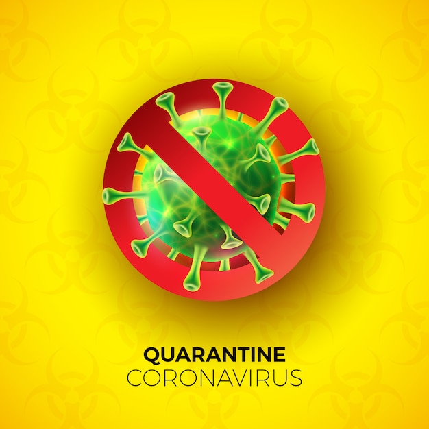 Quarantena coronavirus design con cellula virale covid-19 su simbolo di pericolo biologico