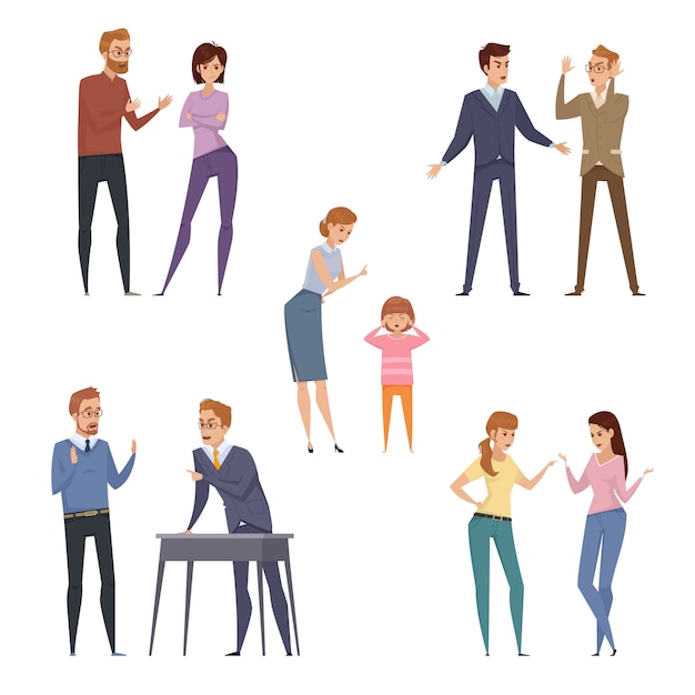 Free vector quarrel icons collection with arguing people in different situations in flat style isolated vector i