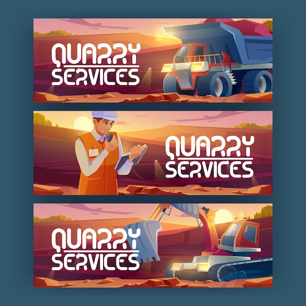 Free vector quarry services banners with engineer and machines