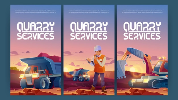 Free vector quarry services posters with dumper and excavator