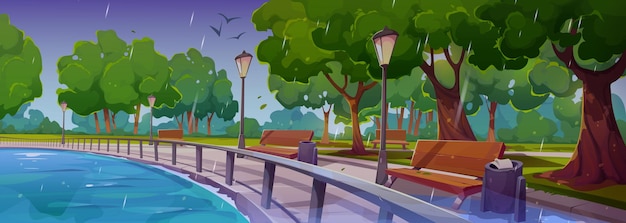 Free Vector | Quay in city park at rain landscape with river bay