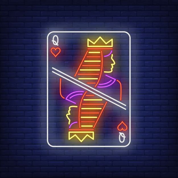 Queen of hearts playing card neon sign. Free Vector