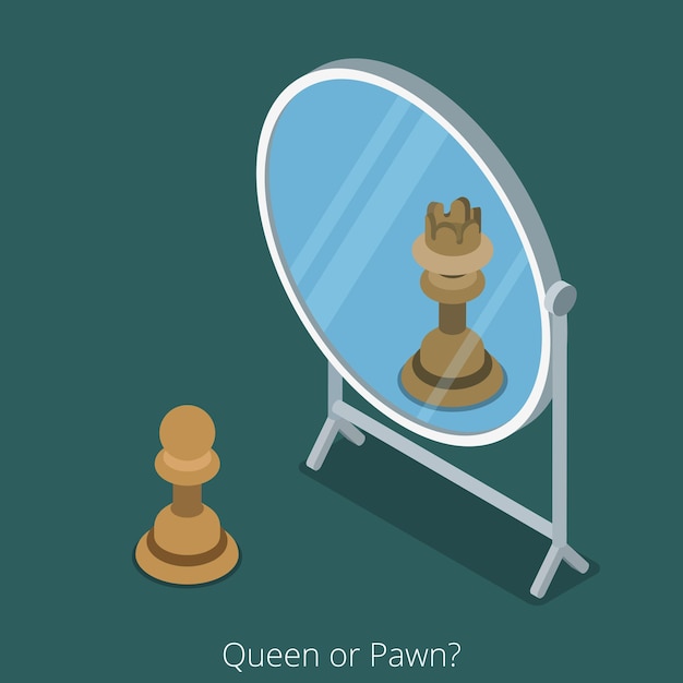 Queen or Pawn concept. Pawn chess figure look into mirror see queen.