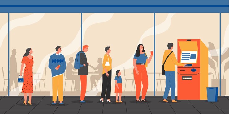 Free Vector queue atm composition with outdoor view of people standing in line to atm machine for withdrawal vector illustration
