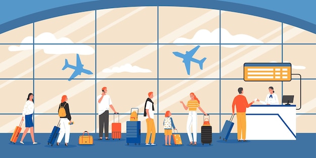 Free vector queue composition with airport scenery silhouettes of flying airplanes and passengers with suitcases standing in line vector illustration