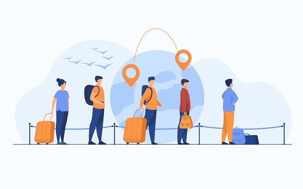 Free vector queue of immigrants standing and holding luggage, waiting departure in airport. group of tourists with globe, map pointers and destination line in background. for travel or immigration concept