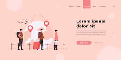 Free vector queue of immigrants standing and holding luggage, waiting departure in airport landing page in flat style