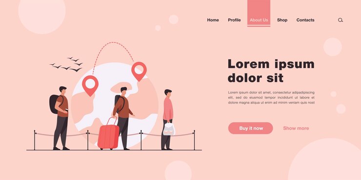 Free Vector queue of immigrants standing and holding luggage, waiting departure in airport landing page in flat style