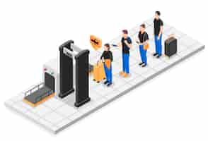 Free vector queue isometric concept people standing in line in front of the metal detector frame at the airport vector illustration
