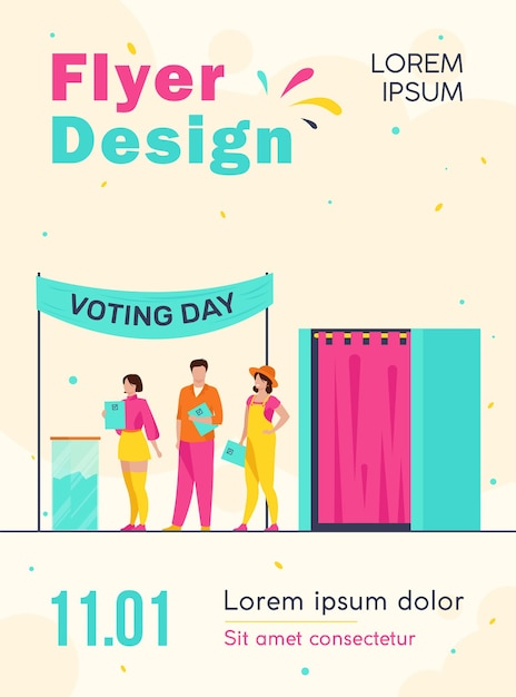 Free vector queue of people with paper at ballot boxes flyer template