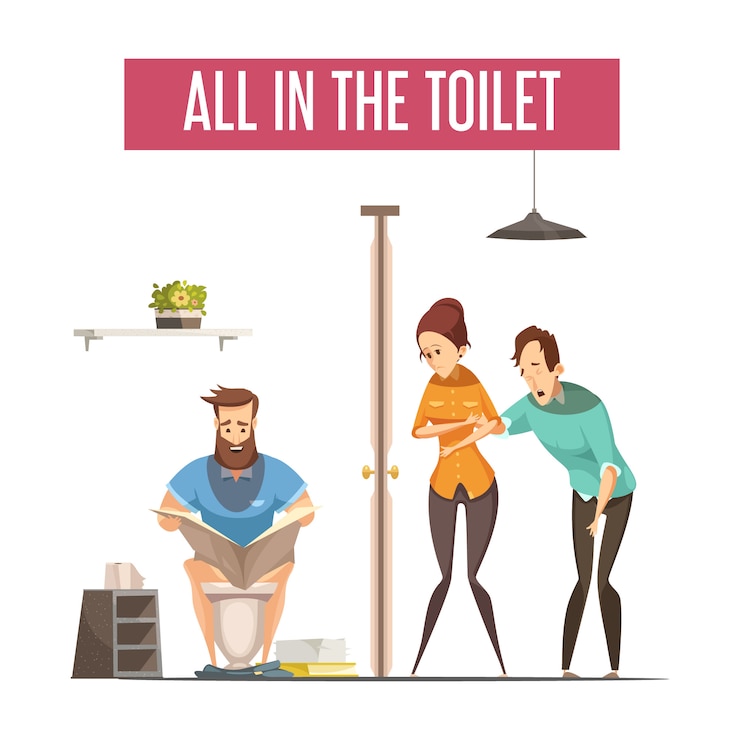 Free Vector queue at toilet design concept with people waiting at front toilet and man reading newspaper on lavatory 