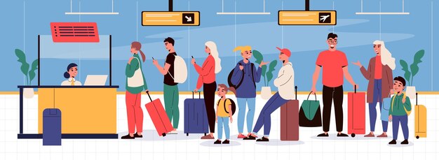 Queue of tourists with baggage at departure check in desk in airport lounge flat vector illustration