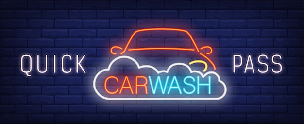 Quick pass car wash neon sign. automobile in foam and colorful inscription.