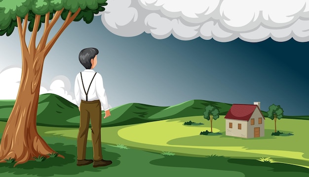 Free vector quiet countryside a man observing a rural landscape