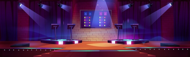 Бесплатное векторное изображение Интерьер игровой сцены викторины с подсветкой стендов