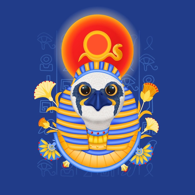 Ra egyptian gods composition with decorated head of bird with pharaoh nemes sun circle and snake vector illustration