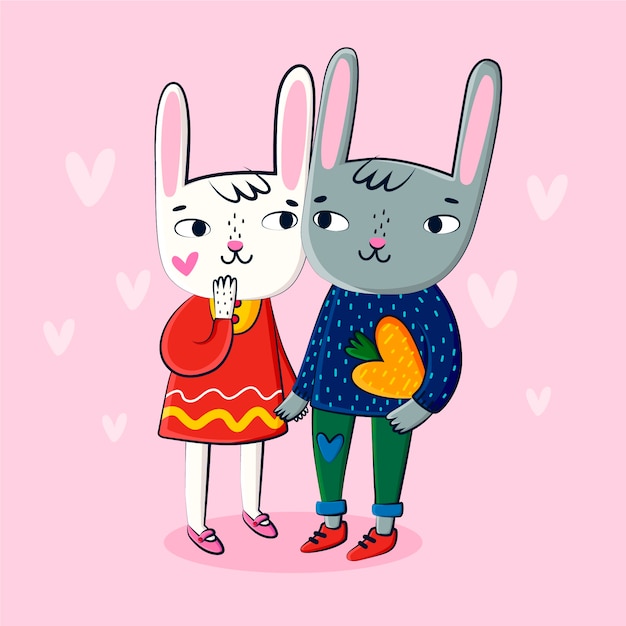 Free vector rabbit couple hand drawn valentine background