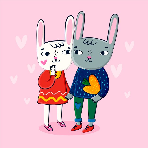 Rabbit couple hand drawn valentine background