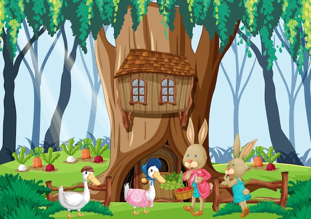 Free vector rabbit family lives in enchanted forest