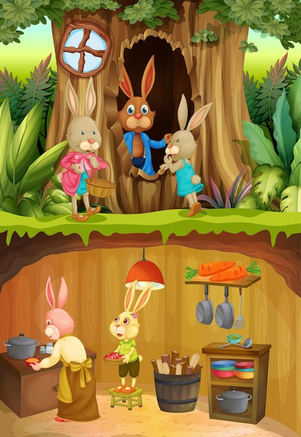 Free vector rabbit family in underground with ground surface of the garden scene