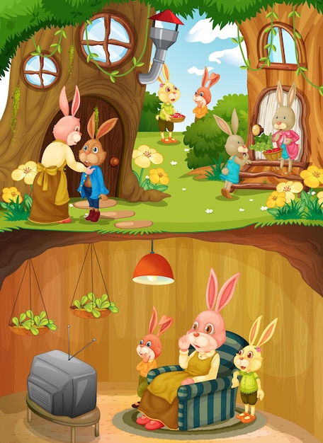 Free vector rabbit family in underground with ground surface of the garden scene