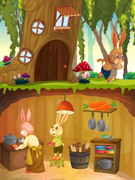 庭のシーンの地面と地下のウサギの家族