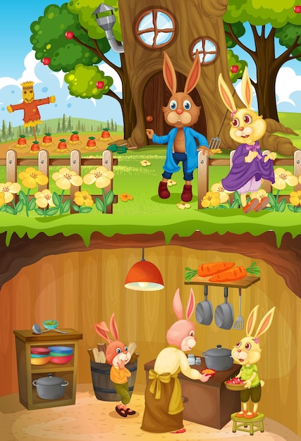 Free vector rabbit family in underground with ground surface of the garden scene