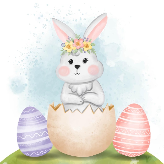 Free vector rabbit inside an easter egg watercolor illustration