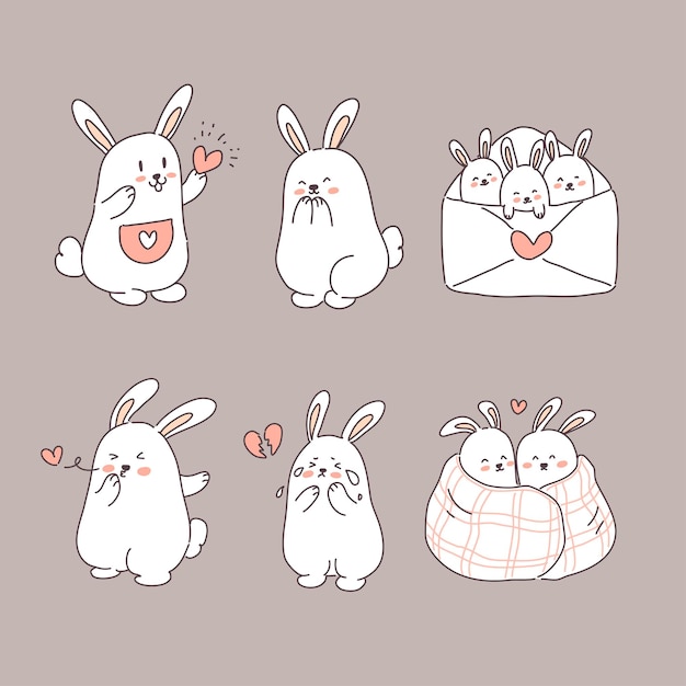 Rabbit in love illustrations set