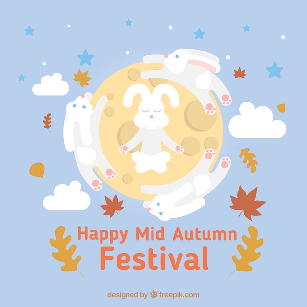 Free vector rabbit meditating with moon background