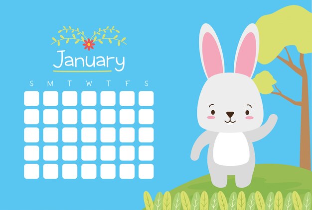 カレンダー、かわいい動物、フラット、漫画スタイル、イラストとウサギ