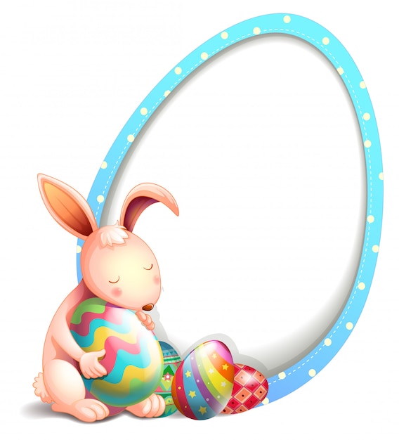 Free vector a rabbit with easter eggs beside an egg-shaped signage