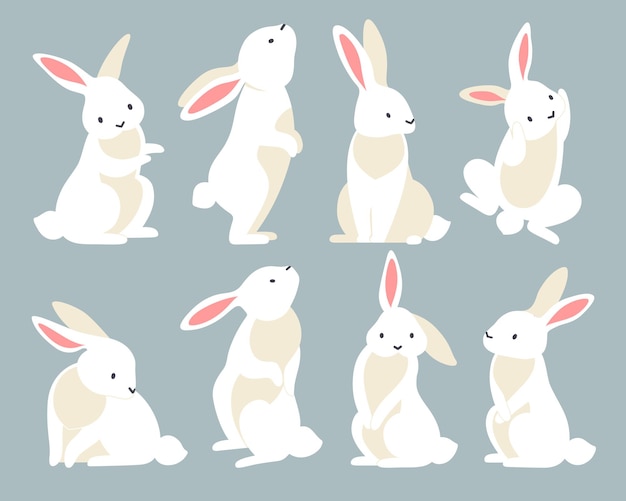 Free vector rabbits silhouette set of isolated icons with similar white rabbits in various poses on grey background vector illustration