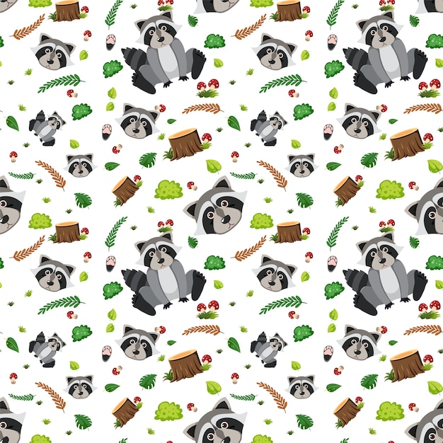 Free vector raccoon cute animal seamless pattern