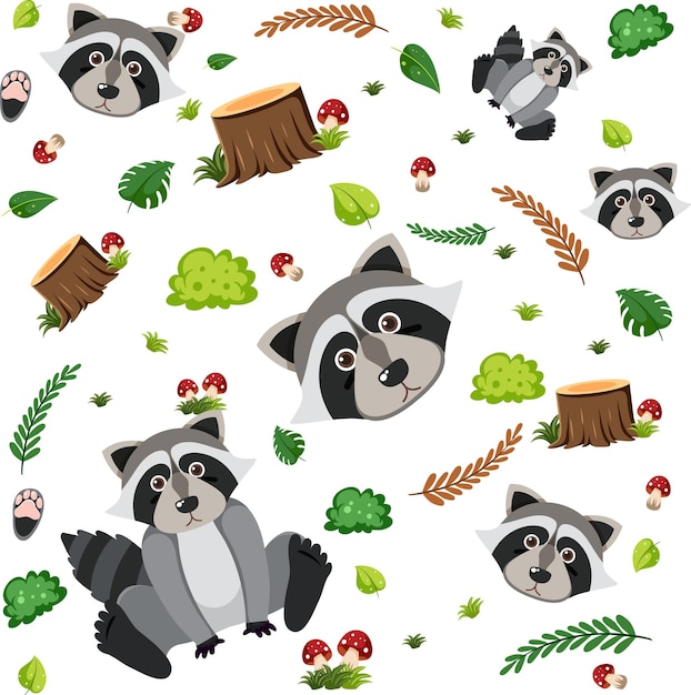 Free vector raccoon cute animal seamless pattern