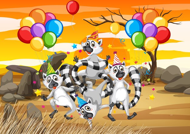 Raccoon group in party theme cartoon character on beach 