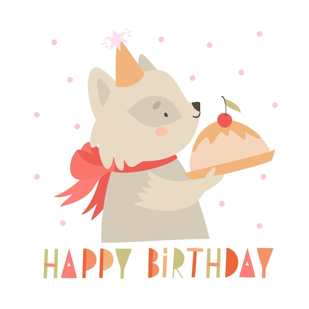 Free vector raccoon holding cake birthday greeting