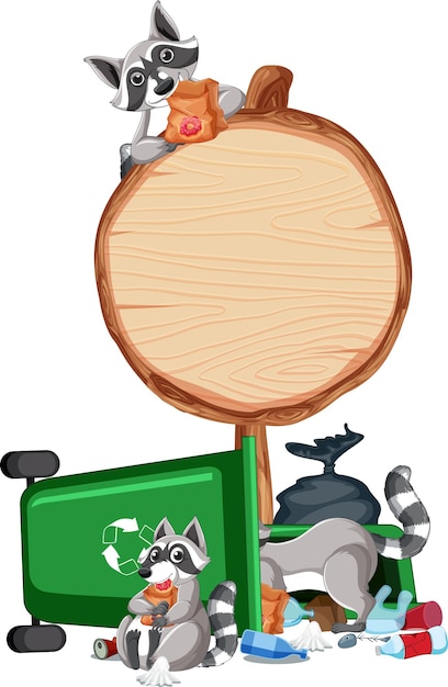 木製の看板バナーとアライグマ