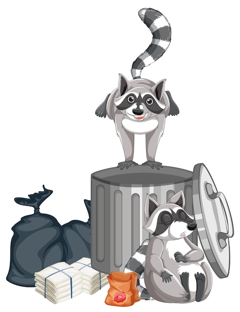 Free vector raccoons searching food by trashcan