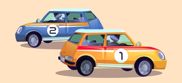 Race cars, cartoon rally auto with drivers. racing automobiles of blue and orange colors with numbers on door prepare for track. racetrack sport vehicles with pilots inside. vector illustration
