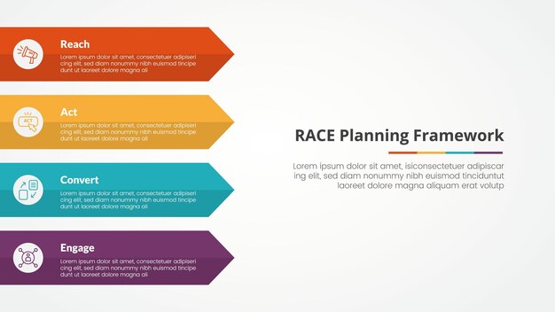 Концепция инфографики рамочной RACE для презентации слайдов с прямоугольной стрелкой на левой стороне с 4-точечным списком с плоским стилем