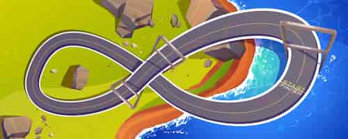 Free vector race track for cars top view circuit road cartoon background for game racetrack in shape of infinity sign at sea and green shore location asphalted way loop for formula f1 competition vector path