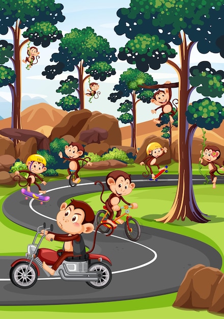 Race track scene with monkeys riding motorcycles