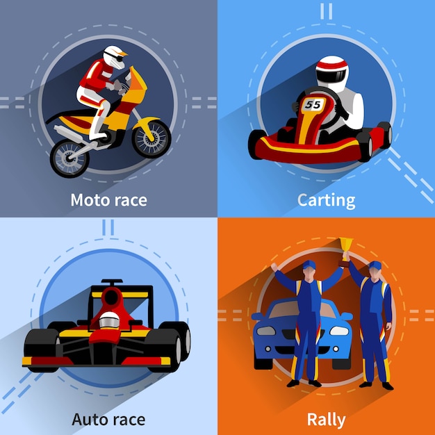 Бесплатное векторное изображение Иконки racer, установленные с картинговыми раллимистами и авто гоночными символами