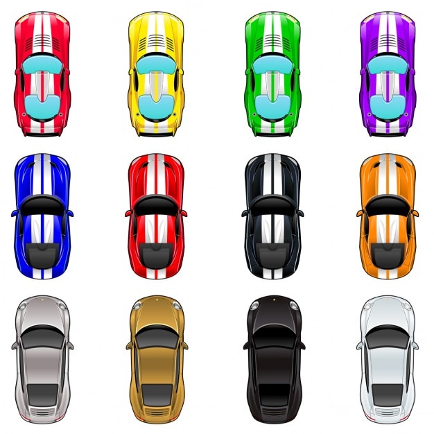Бесплатное векторное изображение Набор из трех автомобилей в четырех различных цветах вектор изолированных объектов