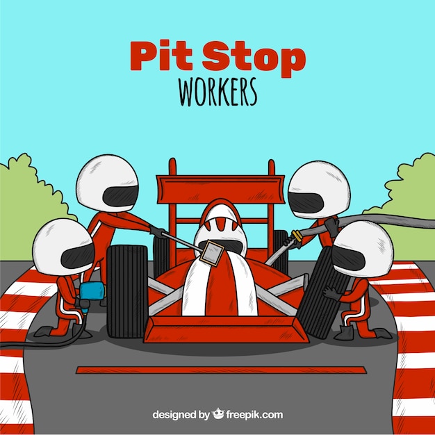 Racing car pit stop workers