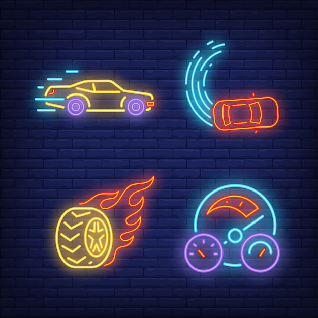 Racing cars, wheel on fire and speedometer neon signs set