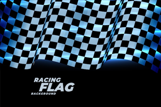 Racing checkered flag background in blue neon lights