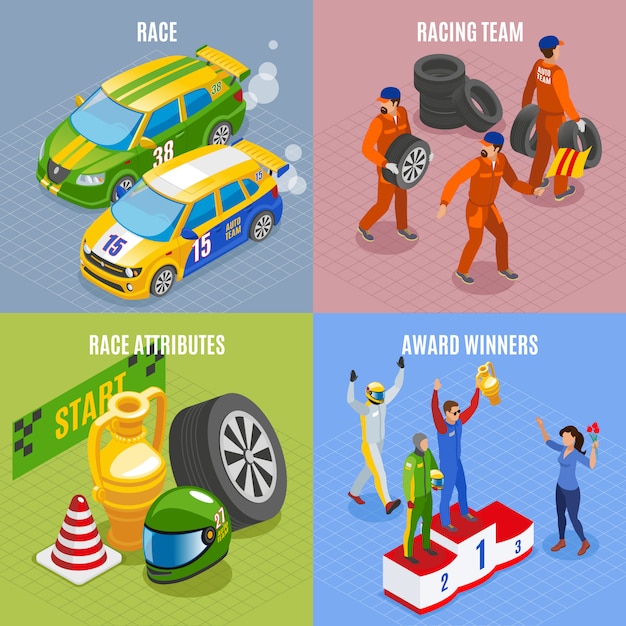 Free vector racing sports concept icons set with racing team and award winners symbols isometric isolated