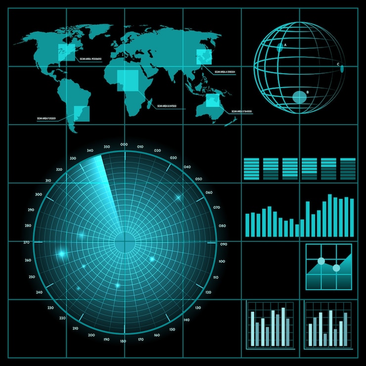 Free Vector radar screen with world map.